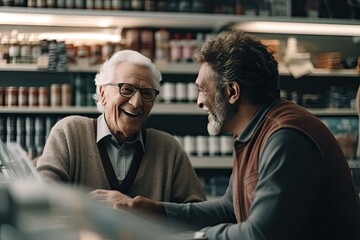 Obraz premium Two men share a moment of pure joy as they bond over a book in a cozy library, their laughter echoing through the store as they stand amidst shelves of knowledge and fashionably donned glasses