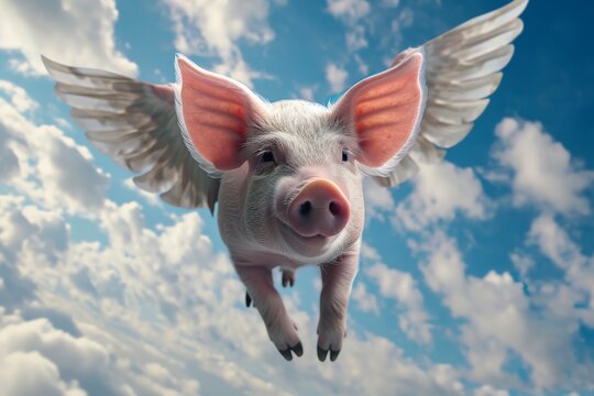 Flying pig with wings in the sky.