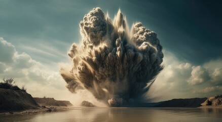 The serene landscape of the lake was abruptly disrupted by a massive explosion of smoke, shattering the calm sky and water below with chaotic force - obrazy, fototapety, plakaty