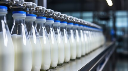 glass milk production at the factory. ribbon with moving bottles filled with milk. concept: dairy products, production, protein, kefir, fermented baked milk - obrazy, fototapety, plakaty