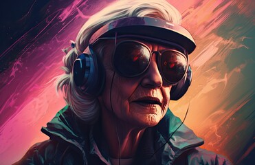 A fashionable elder grooves to her own beat, sporting a cool pair of shades and listening to tunes with her trusty headphones