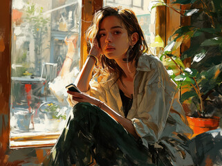 Beauty in the City: Attractive Female Model Enjoying a Coffee Break at a Modern Café