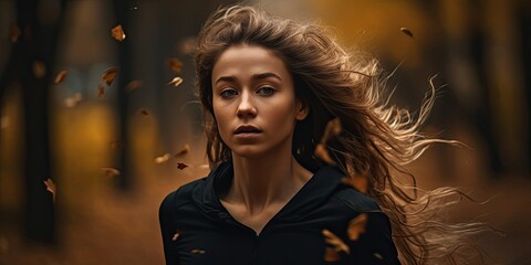 A carefree woman embraces the power of nature, her windswept hair a symbol of freedom and adventure in this stunning outdoor portrait shoot