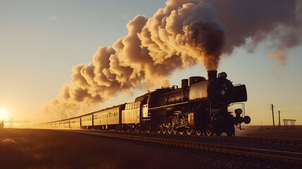 a steam locomotive pulling a train on tracks, emitting smoke against a backdrop of a clear sky.