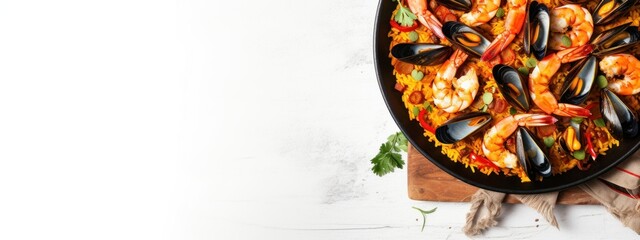 banner spanish paella on a white background top view with space for text. concept food, traditions, seafood, veganism