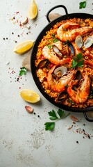 vertical banner spanish paella on a white background top view with space for text. concept food, traditions, seafood, veganism