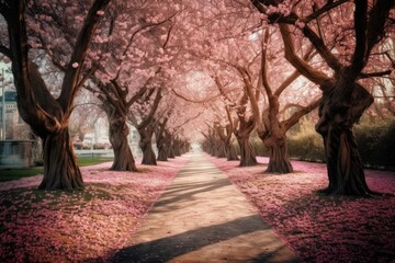 A serene spring stroll through a park, guided by a path lined with delicate pink cherry blossom trees and surrounded by lush green grass and towering deciduous branches