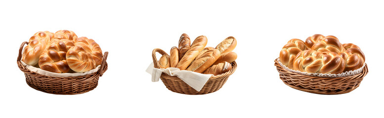 Set of assorted bread and rolls housed in a wicker basket, Isolated on Transparent Background, PNG - obrazy, fototapety, plakaty