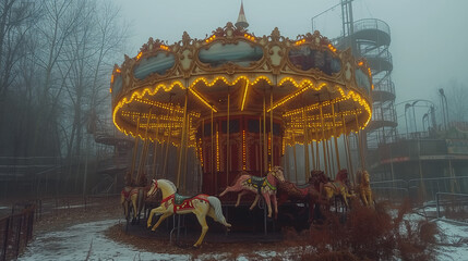 in a gloomy abandoned foggy place there is a bright carousel on which there is no one