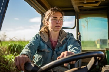 Female farm worker driving tractor describes changes in farms. Farmer toils in scorching summer using tractor to till fields for crop harvesting - obrazy, fototapety, plakaty