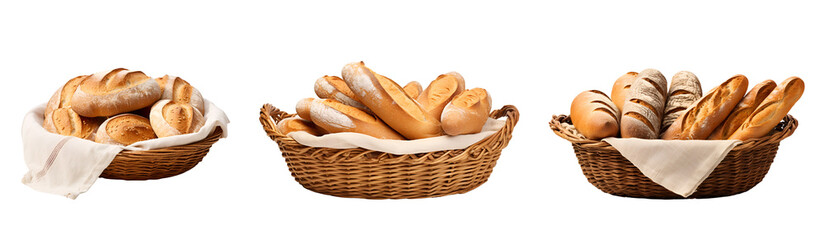 Set of bread and rolls presented in a wicker basket, Isolated on Transparent Background, PNG