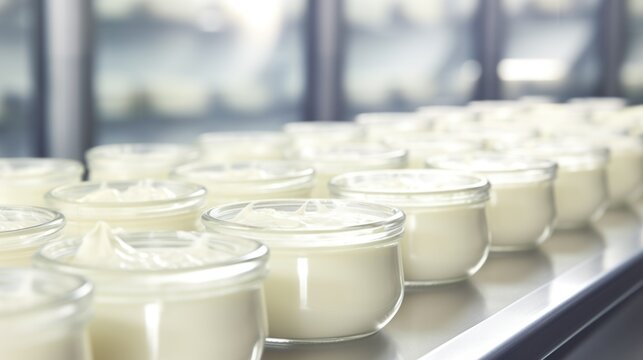 moving belt in yogurt production with glass cups. concept dairy products, workshop, tape, protein