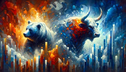 The image portrays a bear and a bull facing each other, superimposed on a backdrop of stylized financial bar charts, symbolizing the stock market's rise and fall in a vibrant color palette - obrazy, fototapety, plakaty