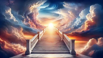 The image depicts an ethereal marble staircase ascending towards a luminous, divine light, flanked by dramatic, swirling clouds in a breathtaking sky.