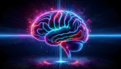 The image features a human brain glowing with neon blue and pink lights against a dark background, with light rays emanating from its core, suggesting intense neural activity or the power of thought.