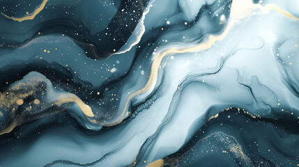 Indigo blue alcohol ink painting on white background. Dramatic fluid art background with gold streaks