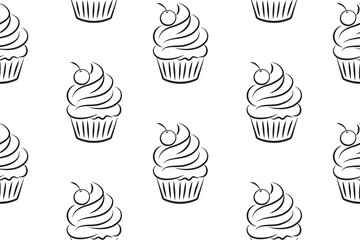 Seamless pattern, linear silhouettes of cupcakes, line art on a white background. Sweet desserts. Food background, vector