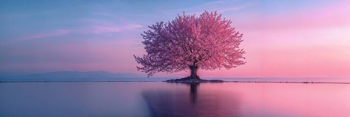 Einsamer Kirschblütenbaum am See in idyllischer Morgenstimmung, Generative AI - obrazy, fototapety, plakaty