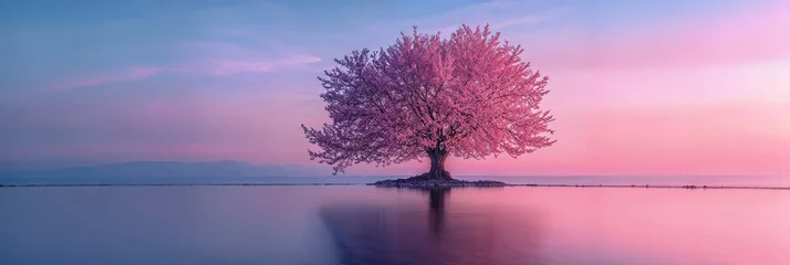 Fototapeten Einsamer Kirschblütenbaum am See in idyllischer Morgenstimmung, Generative AI © whiterockcompany