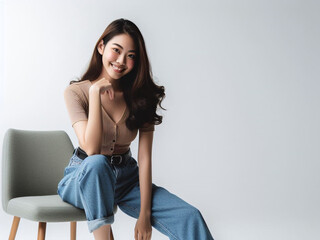 studio photograph of a happy young asian woman posing at white studio background