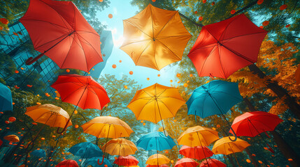 Fototapeta na wymiar many colorful open umbrellas hanging in the air against the background of green trees and blue sky on a beautiful sunny day