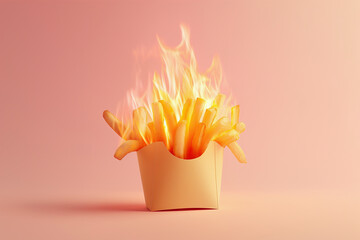 Burning French fries, potatoes on fire. Hot frites in flames, spicy food, burning calories, weight...