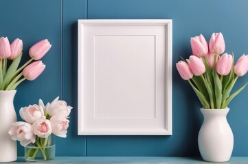Valentines' day concept with Fresh pink tulip bouquet flowers empty photo frame on white background with copy space.

