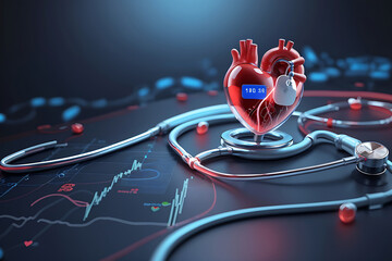 futuristic medical research or heart cardiology health care with diagnosis vitals infographic biometrics for clinical and hospital stethoscopes design and catheter services as wide banner design. - obrazy, fototapety, plakaty