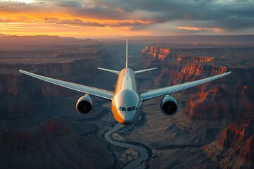 Commercial airplane flying above the Grand Canyon, Arizona, USA. Travel Grand Canyon national park...