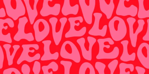 Fotobehang Love text quote seamless pattern illustration in retro 70s style. Cute romantic background wallpaper print. Valentine's day handwritten 1970s texture © kokoshka