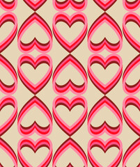 Groovy Hearts Seamless Pattern. Psychedelic Distorted Vector Background in 1970s-1980s Hippie Retro Style for Print on Textile, Wrapping Paper, Web Design and Social Media. Pink and Purple Colors.