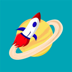 Obraz premium colored illustration of a rocket on its way to the planet Saturn