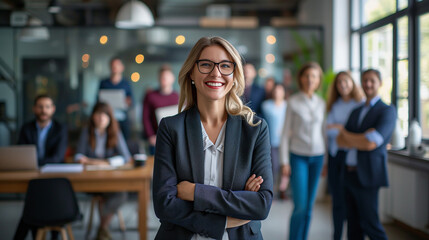 a beautiful woman in a business suit, arms crossed over her chest, smiling sincerely in the office, with her colleagues, team or students standing behind her