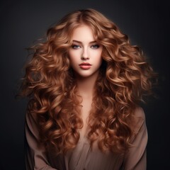 Fototapeta premium Portrait of beautiful woman with long curly hair. Hairstyle.AI.