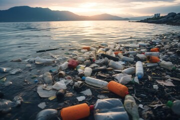 Spilled garbage on sea beach. Empty used dirty plastic bottles. Environmental pollution. Ecological problem. 