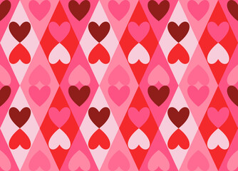 Groovy Hearts Seamless Pattern. Vector Background in 1970s-1980s Hippie Retro Style for Print on Textile, Wrapping Paper, Web Design and Social Media. Pink and Purple Colors. - 713234369