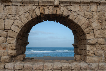 Fototapeta premium The Hadrianic aqueduct of Caesarea Maritima along Israel's Mediterranean coast.