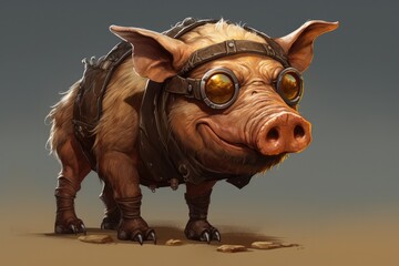 Obraz premium A daring domestic pig embraces its adventurous side, donning a leather harness and goggles as it takes to the ground with determination and courage