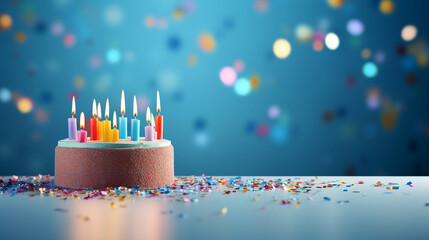 birthday cake with candles, cake with candles, Colorful birthday cake with sprinkles and ten candles on a blue background, A celebration birthday cake with colorful sprinkles, generative ai - obrazy, fototapety, plakaty