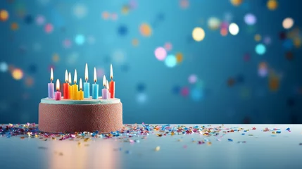 Foto op Plexiglas birthday cake with candles, cake with candles, Colorful birthday cake with sprinkles and ten candles on a blue background, A celebration birthday cake with colorful sprinkles, generative ai © PIRSADDAM