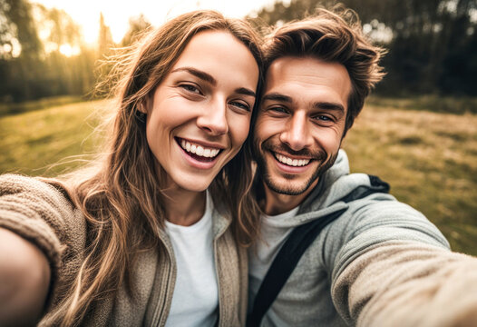 Beautiful smiling couple taking selfie shot with smartphone outdoor in the nature. Lifestyle concept