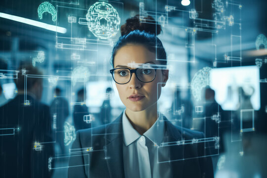 Woman from research team uses AI to decode neural patterns. Laboratory woman worker finds potential implications for cognitive sciences