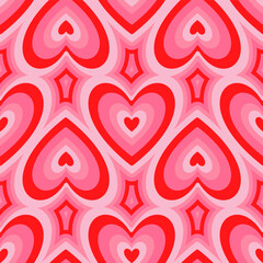 Groovy Hearts Seamless Pattern. Vector Background in 1970s-1980s Hippie Retro Style for Print on Textile, Wrapping Paper, Web Design and Social Media. Pink and Purple Colors.