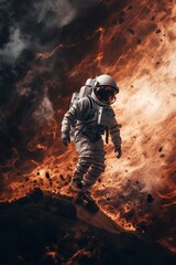Astronaut in outer space clouds and fire