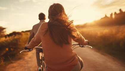 View of behind angle of close up photo couple riding cycling. High Quality Real Image Result --ar 7:4 --v 5.2 Job ID: 5d295838-6368-4afb-93d9-88b179e32d5d - Powered by Adobe