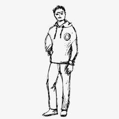 Young man, hand sketch ink pen fictional character. Flat vector illustration isolated on white