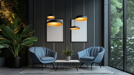 Chic office waiting space including a replica of a banner on a striped wall and pendant lighting, Generative AI. - obrazy, fototapety, plakaty