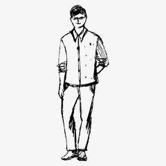 Young man, hand sketch ink pen fictional character. Flat vector illustration isolated on white