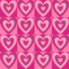 Groovy Hearts Seamless Pattern. Vector Background in 1970s-1980s Hippie Retro Style for Print on Textile, Wrapping Paper, Web Design and Social Media. Pink and Purple Colors. - 713236183