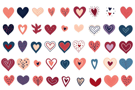 Set of different hearts isolated on white background. Clipart bundle, hand drawn set